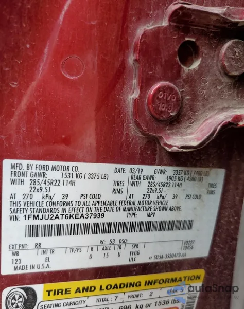 2019 Ford Expedition Limited z USA, uszkodzony, nr VIN 1FMJU2AT6KEA37939